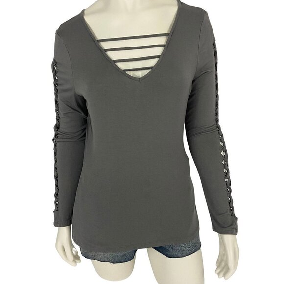 Venus Women's Cut Out Sleeve Detail Blouse Top Size L Grey V-Neck Strappy NWOT - Picture 1 of 9